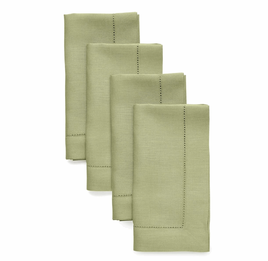 4 Linen Hemstitch Napkins in moss green